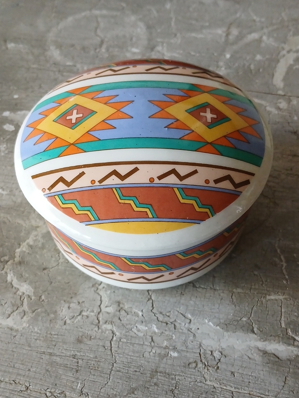 Vintage Studio Nova Southwestern Ceramic Lidded Trinket Box - Aztec Geometric